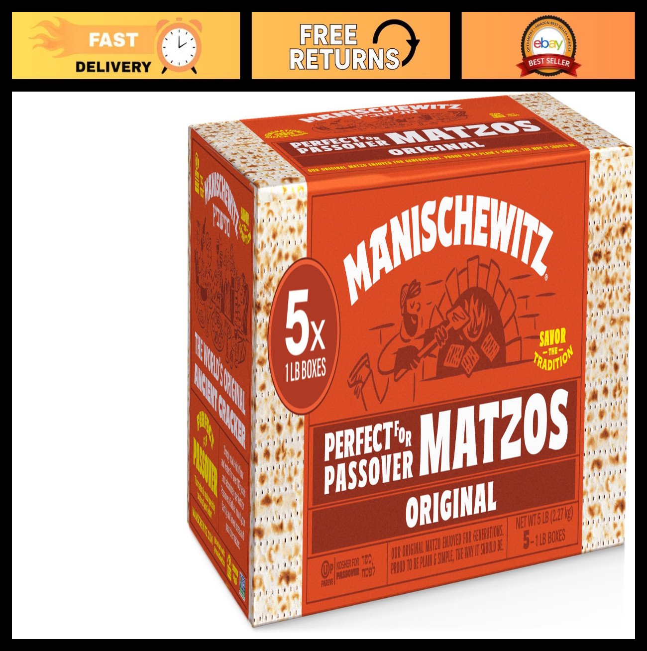 Passover Matzo – 5 Boxes (1lb Each) | Freshly Baked, Thin & Crisp, 2 Ingredients