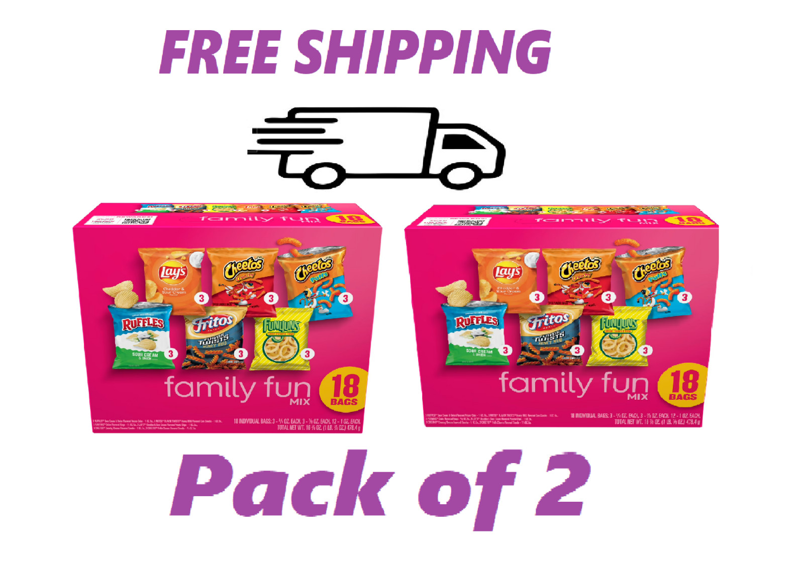 2 pack Frito-Lay Family Fun Mix Variety Pack Snack Chips, 18 Count Multipack