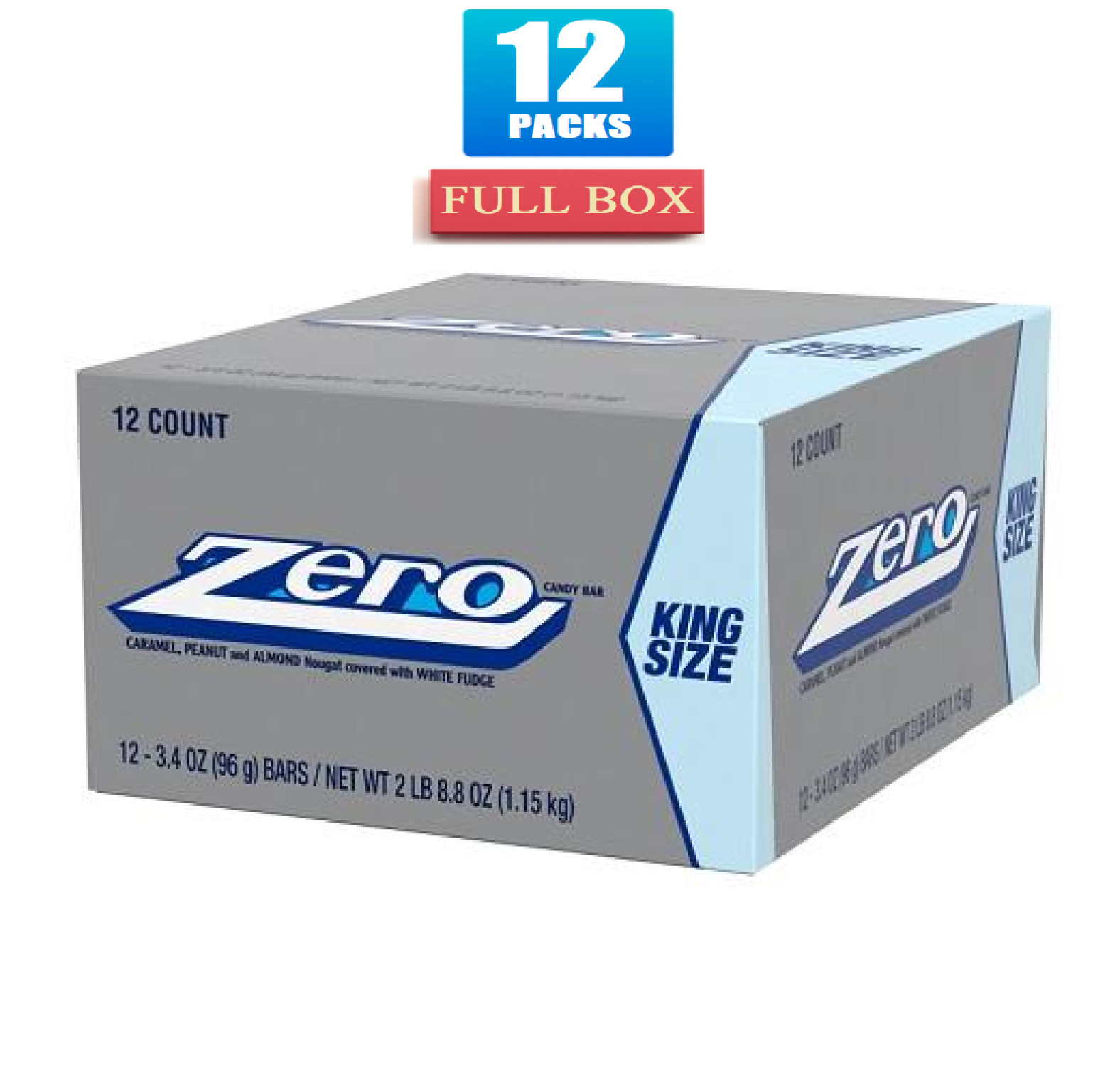 12x Bars Zero White Fudge Caramel Peanut Almond Nougat King Size Candy- 3.4oz