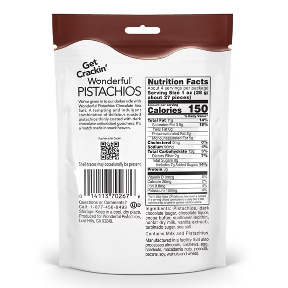 Wonderful Pistachios, No Shells, Chocolate Sea Salt, 4 Ounce Resealable Bag.
