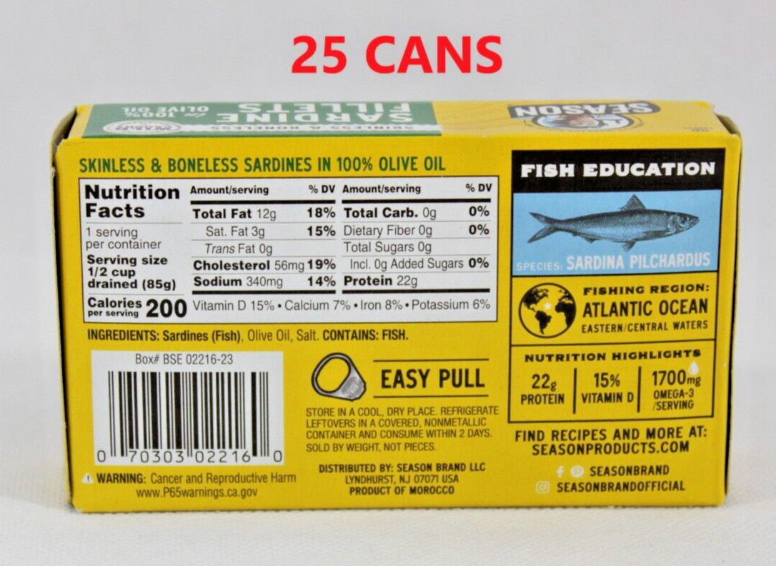 25x Season 4.375oz Boneless Skinless Sardines in Olive Oil Kosher Free Shipping