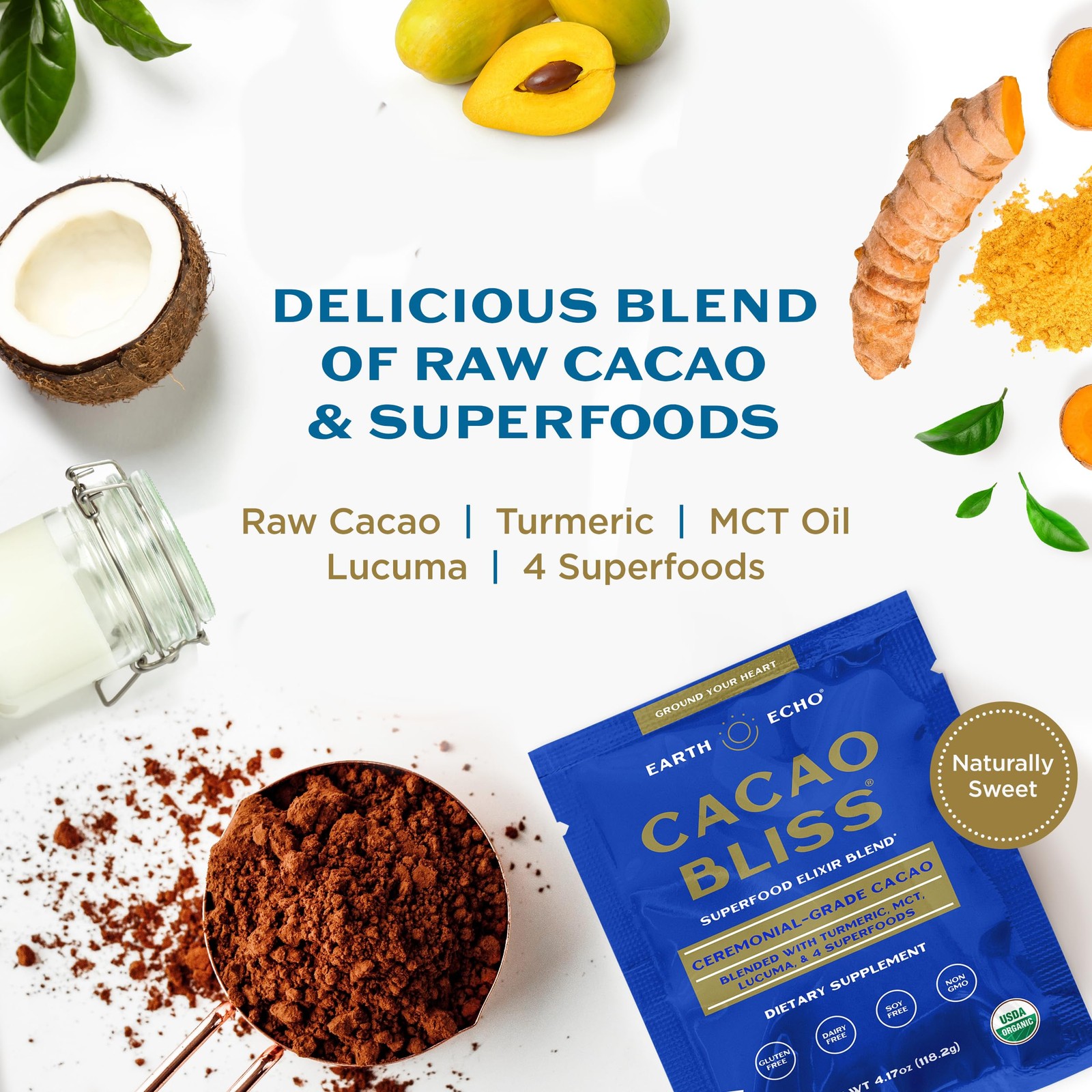 Earth Echo Cacao Bliss – Ceremonial Grade Organic Raw Cacao Powder with MCT Oil