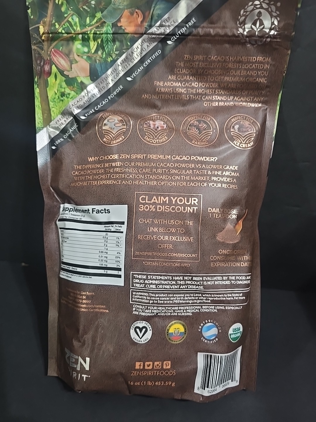 Cacao Organic Cocoa Powder 1 lb. Premium Raw Powder Dietary Supplement.Exp 9/27