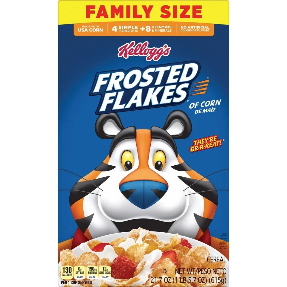 Kellogg’s Frosted Flakes Breakfast Cereal, Fat Free, Family Size, 21.7 oz