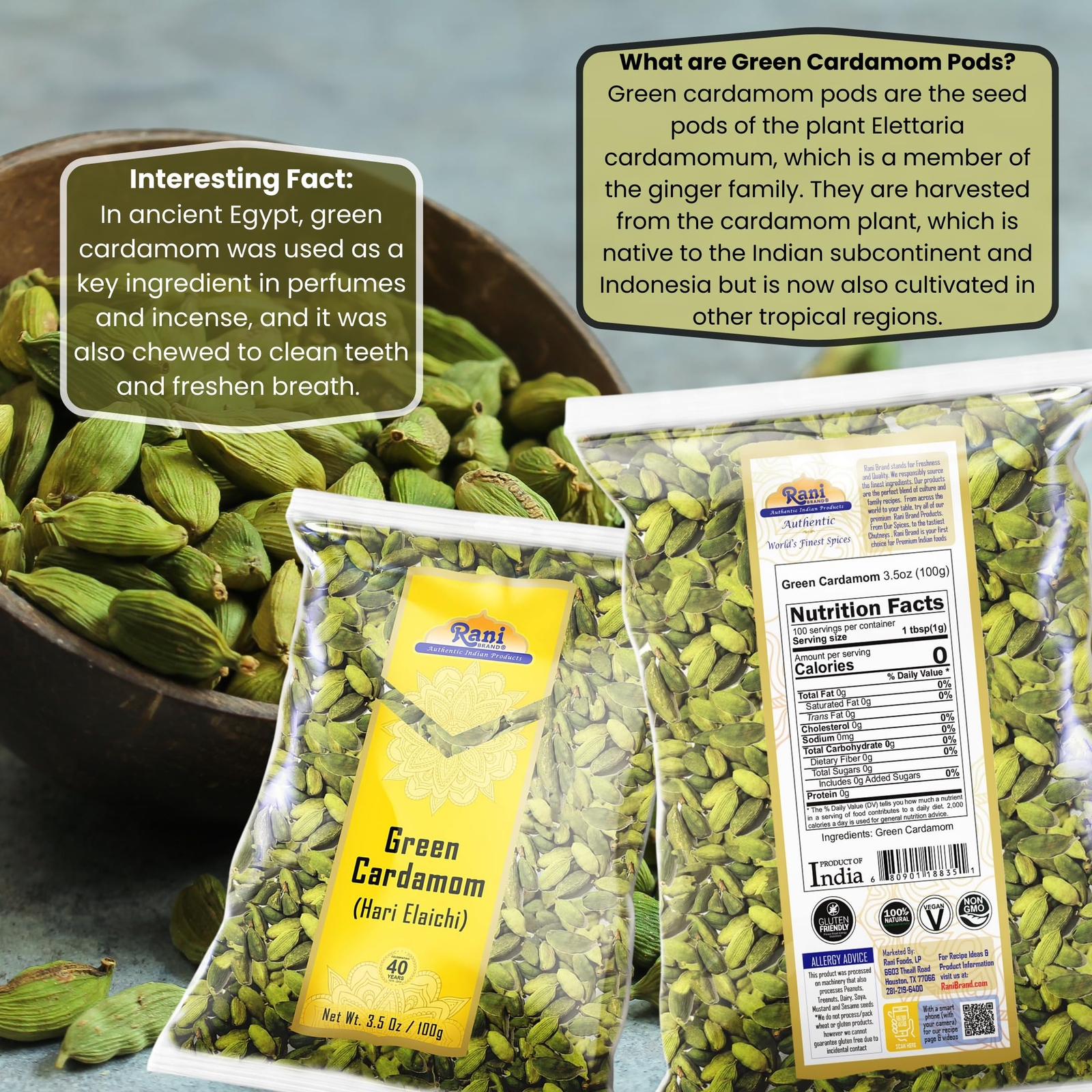 Rani Green Cardamom Pods Spice (Hari Elachi) 3.5oz (100g)