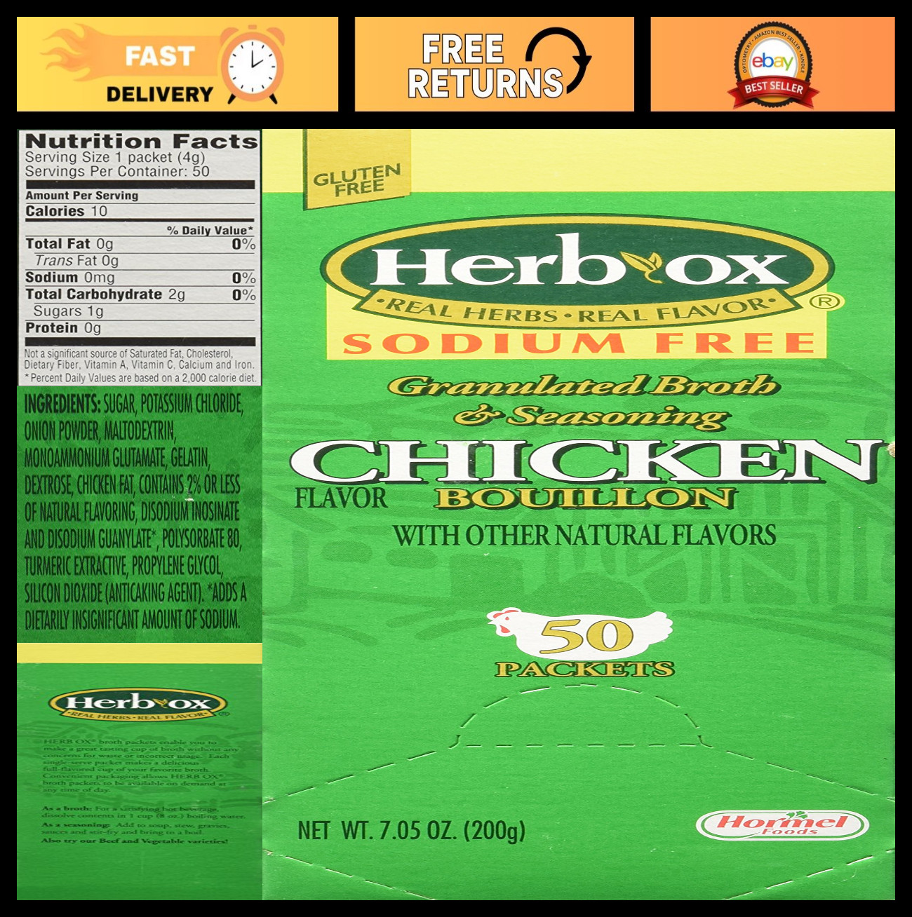Sodium-Free Chicken Bouillon Granules – 50 Packets, Low-Sodium Flavor Enhancer