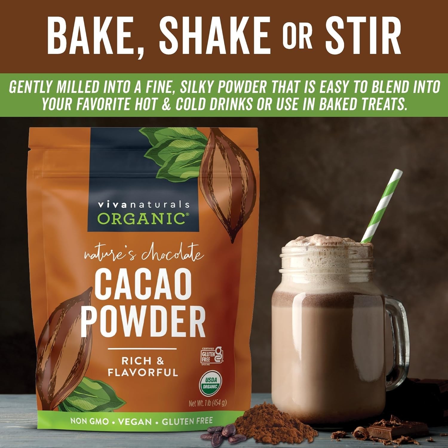 Organic Unsweetened Cacao Powder with Rich Dark Chocolate Flavor 454 g 1Lb NEW