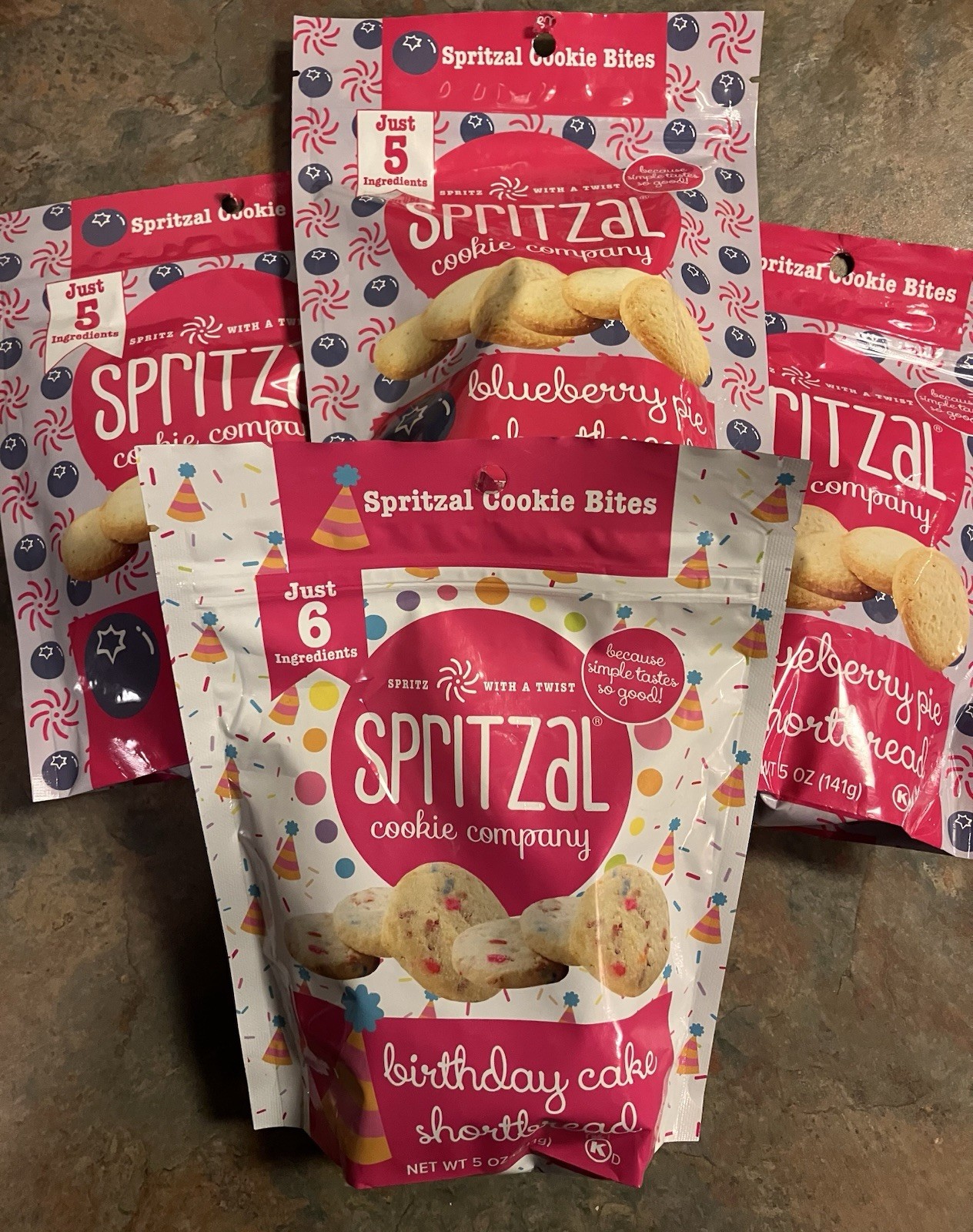 Spritzal Cookie Bites 4 Bags (5 oz Each) 3 Blueberry Pie & 1 Birthday Cake 8/26
