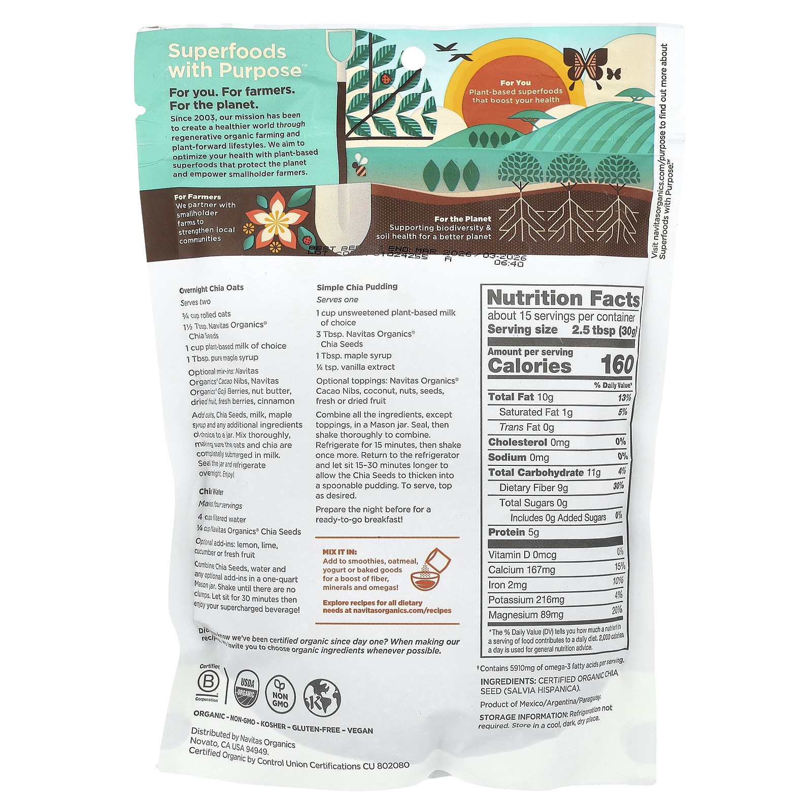 Navitas Organics Organic Chia Seeds 16 oz 454 g B Corp, BPA-Free, Gluten-Free,