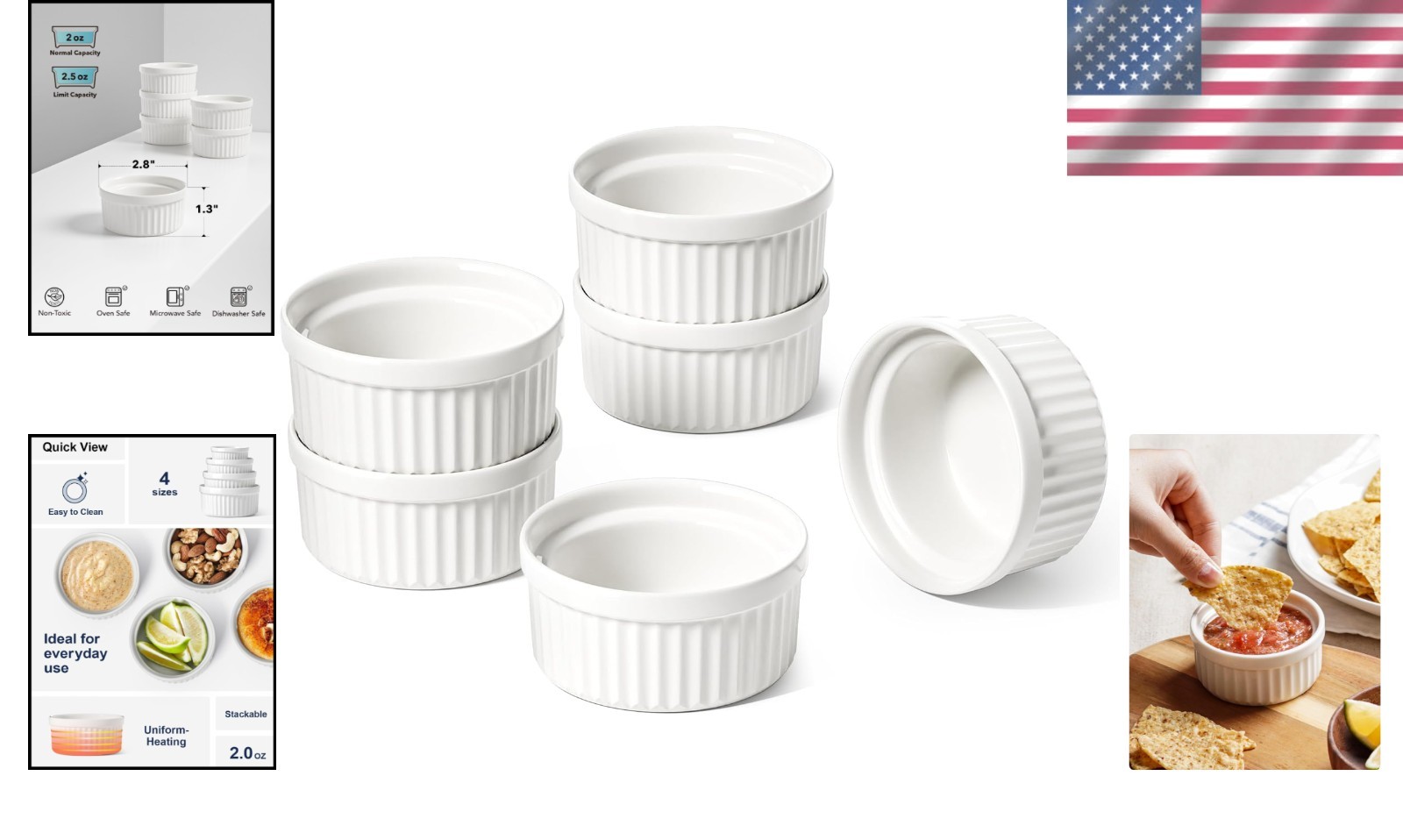 Sauce Cups 2 Ounce Ceramic Ramekins Set of 6 White Dishwasher Safe Dipping Bowls