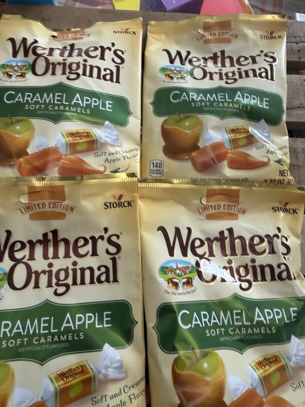 Lot 4 NEW Werther’s Original Harvest Caramels CARAMEL APPLE Hard Candies 2.22 Oz