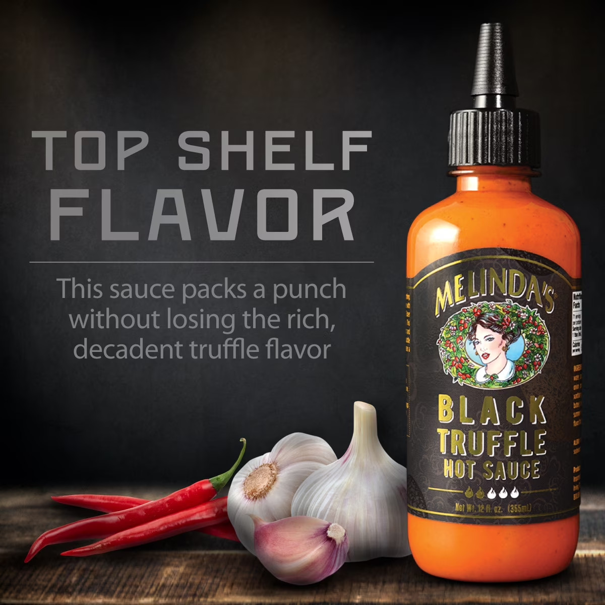 Melinda’s Black Truffle Hot Sauce, CoMelinda’s Black Trundiment and Sauce, 12 oz