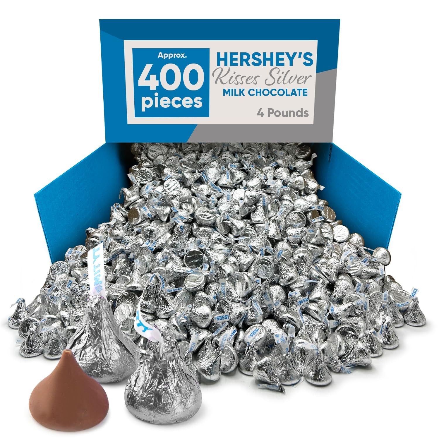 Hershey’s Kisses Milk Chocolate Silver Foil, Bulk Fresh Holiday Candy (4 Pounds)