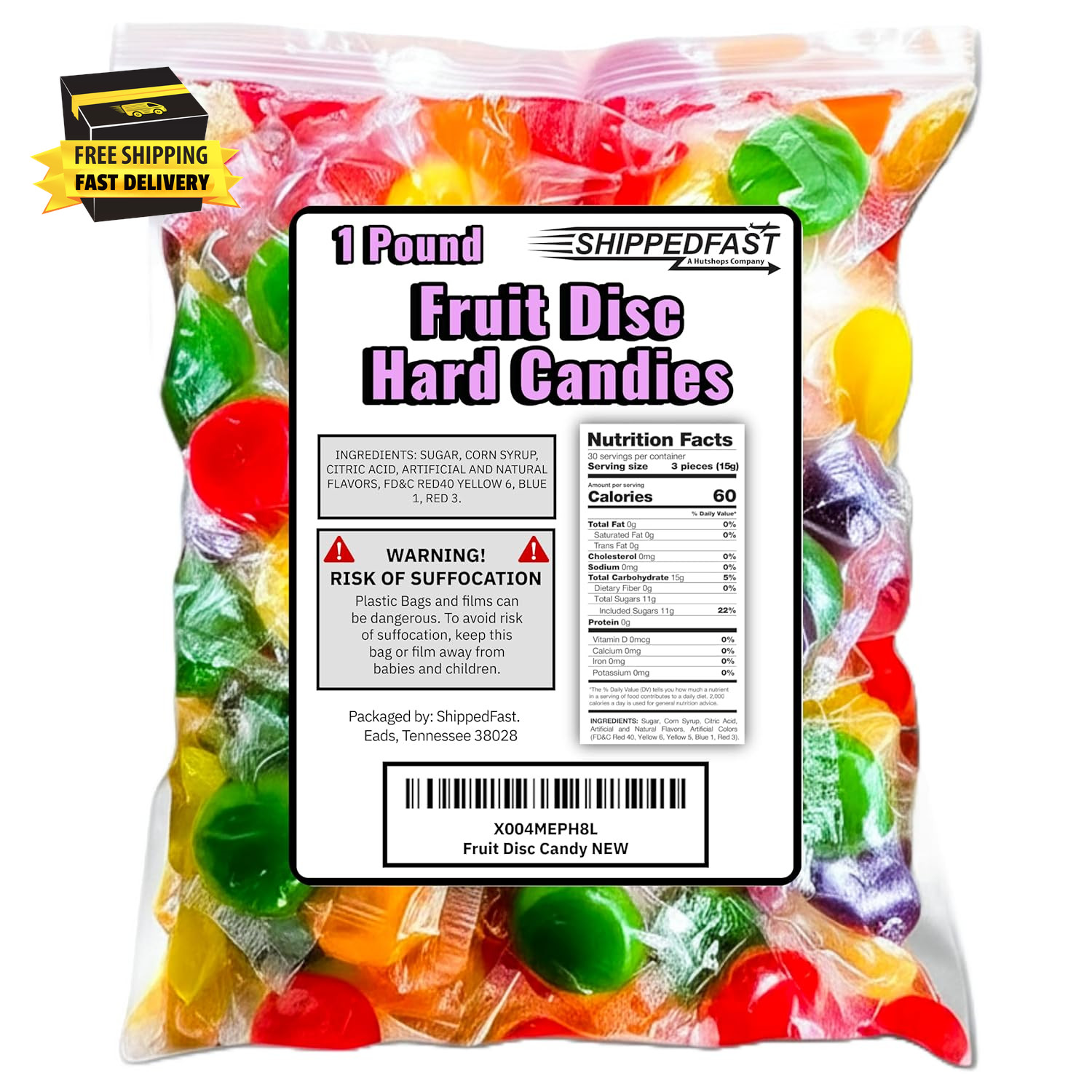 Fruit Disc Hard Candy Assorted Classic Flavors (Cherry, Orange, Lemon, Grape, Li