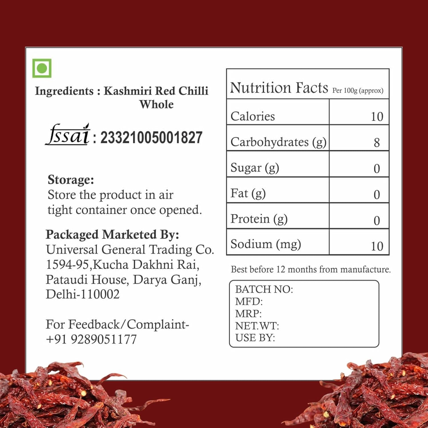 Shine Organic Kashmiri Chilli Whole 400gm