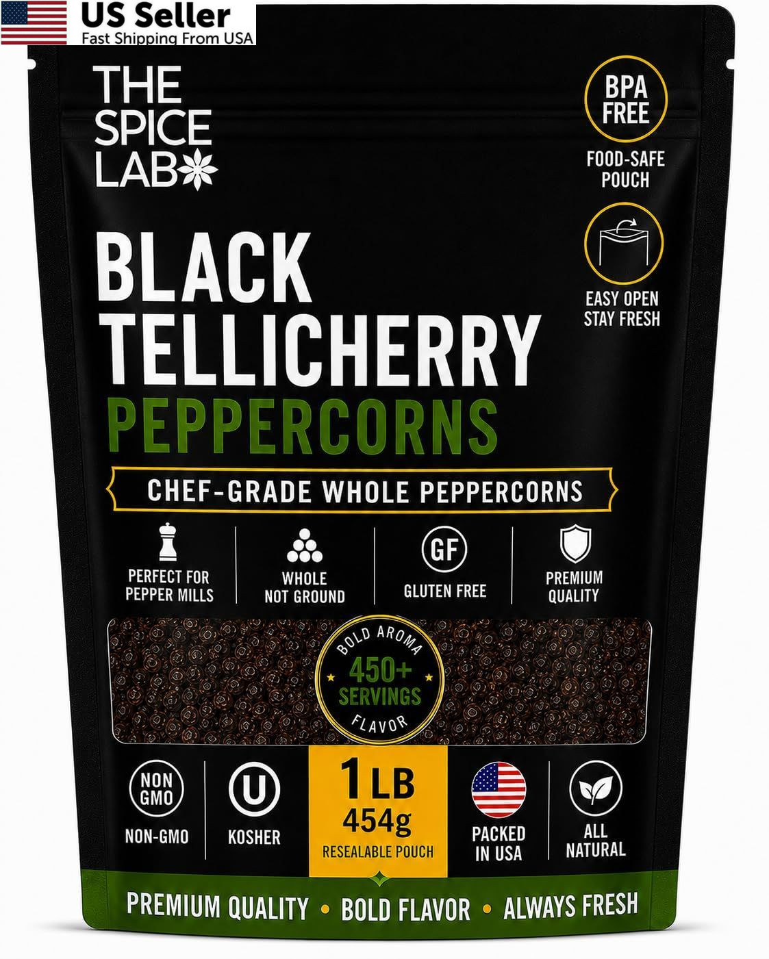 Tellicherry Black Peppercorns for Grinder 1 Pound (Pack of 1), No Color