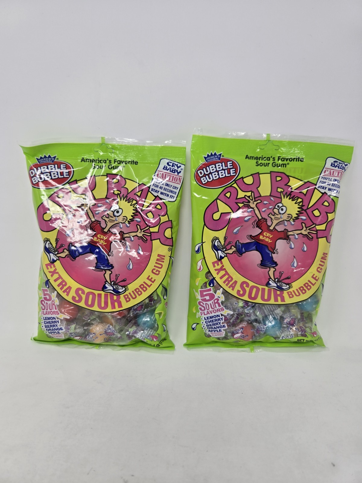 2pc Set 4oz per Bag DUBBLE BUBBLE Candy Cry Baby Extra Sour Bubble Gum 5 Flavors