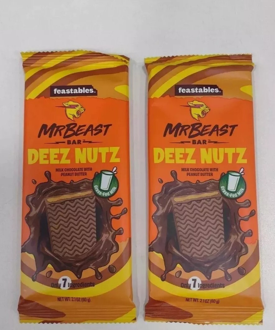 Rare Discontinued Mr Beast Bar 2 Pack DEEZ NUTZ Milk Chocolate Peanut 2.1 oz