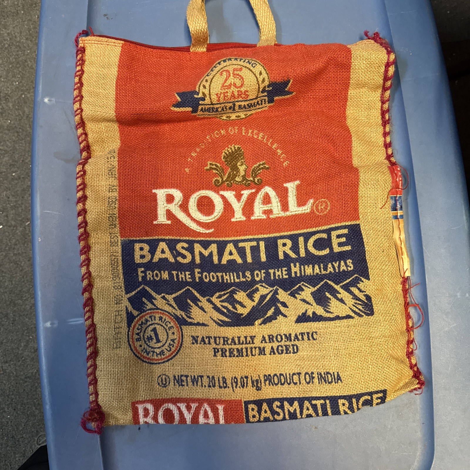 Royal Basmati Rice Bag 20lbs Burlap Handles Zipper Heavy Duty 25th Anniv No Rice