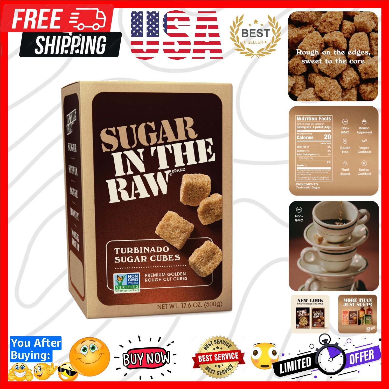 Sugar , Turbinado Cane Sugar Cubes, 17.6 oz Box | Pure, All-Natural Turbinado…
