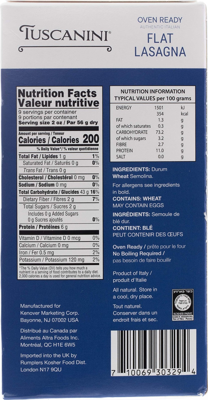 Tuscanini, Oven Ready Authentic Italian Flat Lasagna 1.1 Pound (Pack of 3)