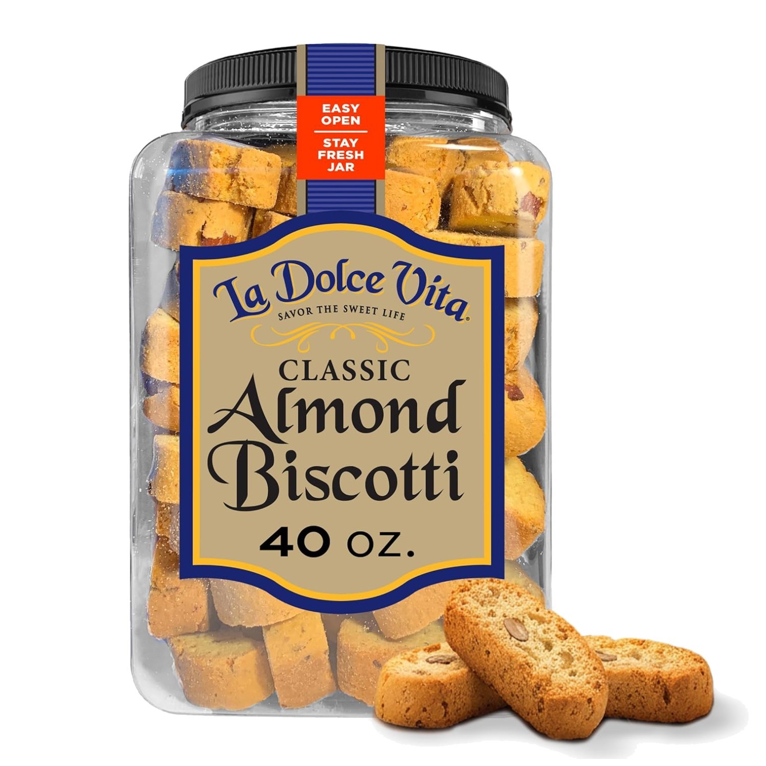 Whole Almond Biscotti Cookies, 40 oz Jar, Authentic Flavor^»