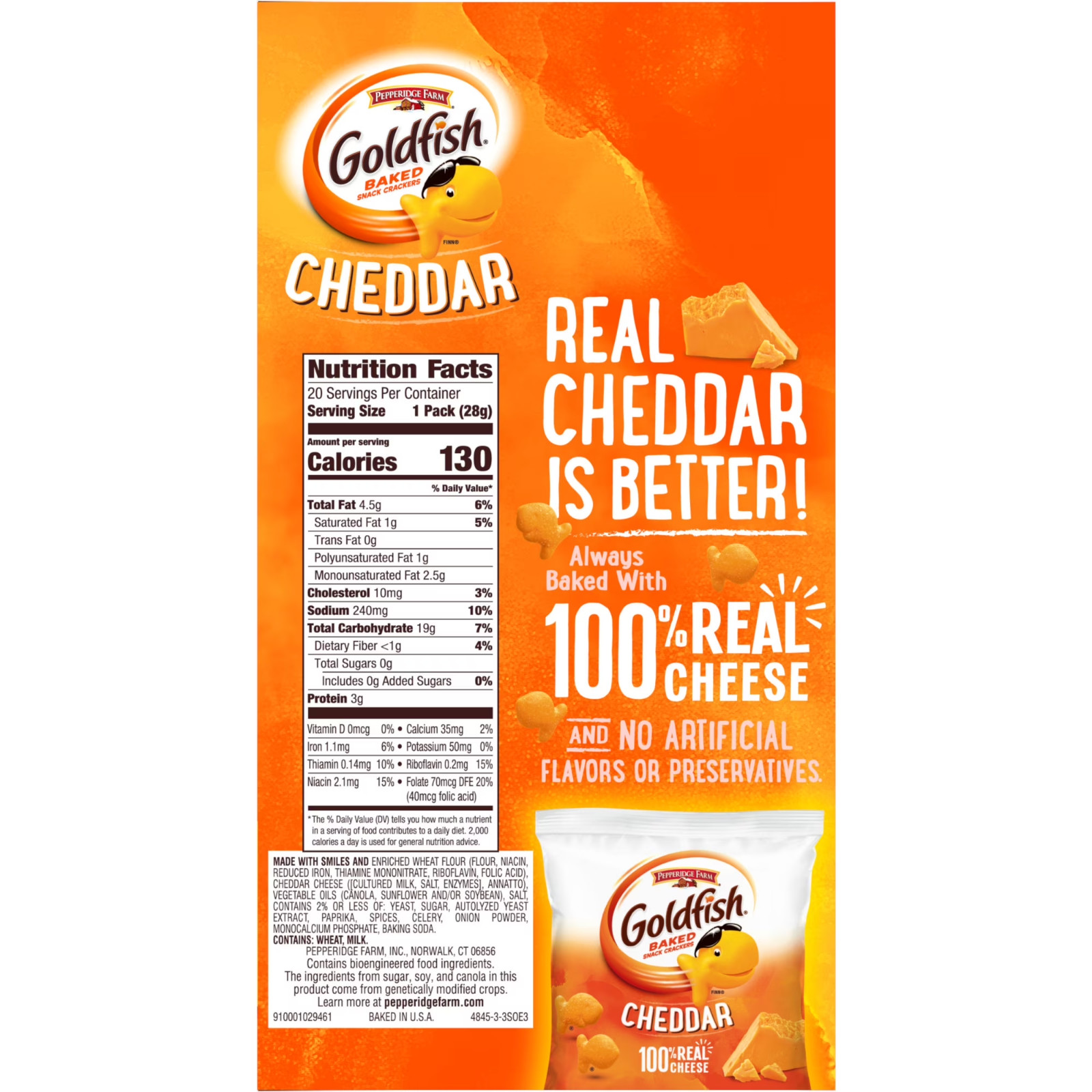 Goldfish Cheddar Cheese Crackers 20 Pack 1oz Baked Snack Packs On-The-Go..