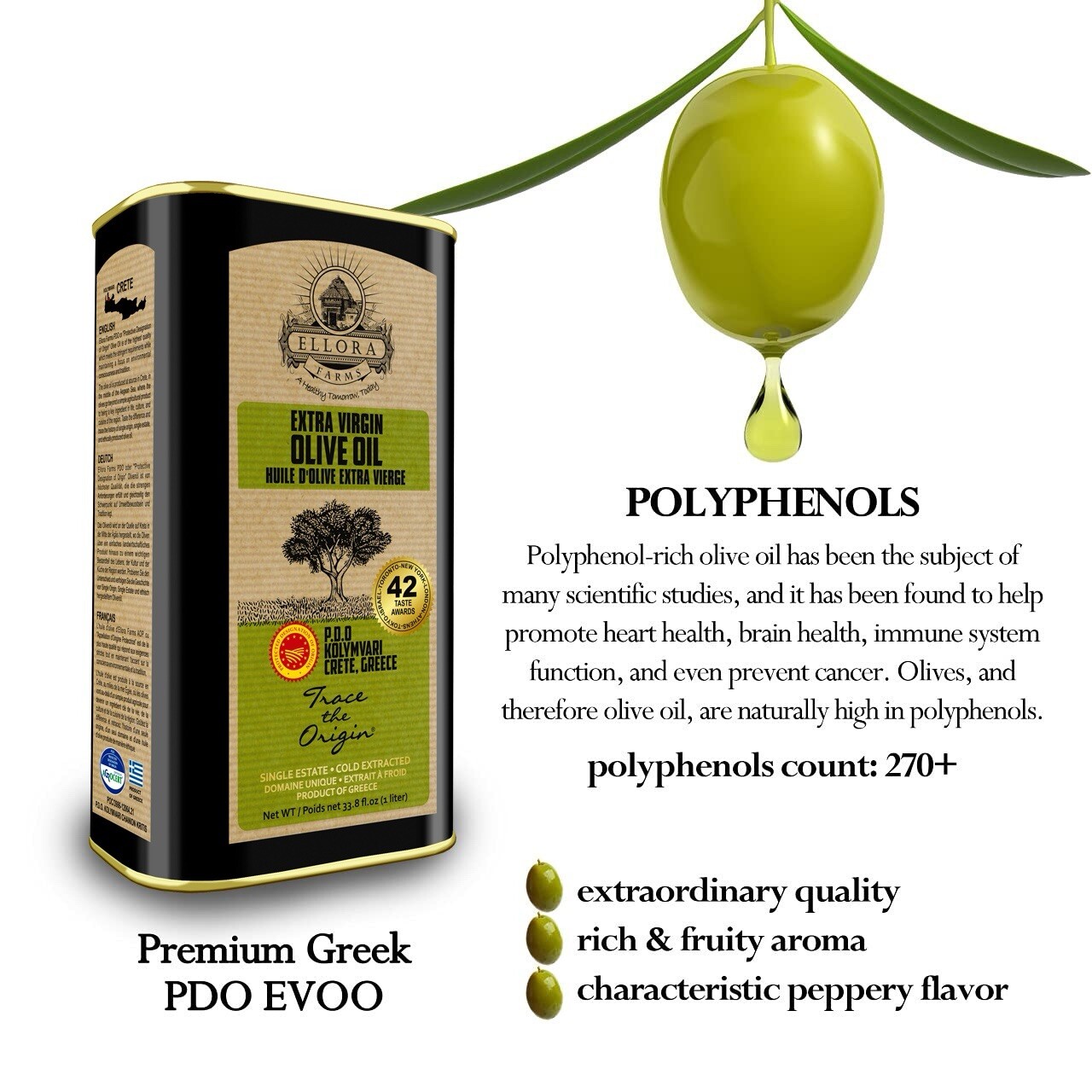 Ellora Farms, Greek Extra Virgin Olive Oil, Single Estate, 1 Lt. Tin