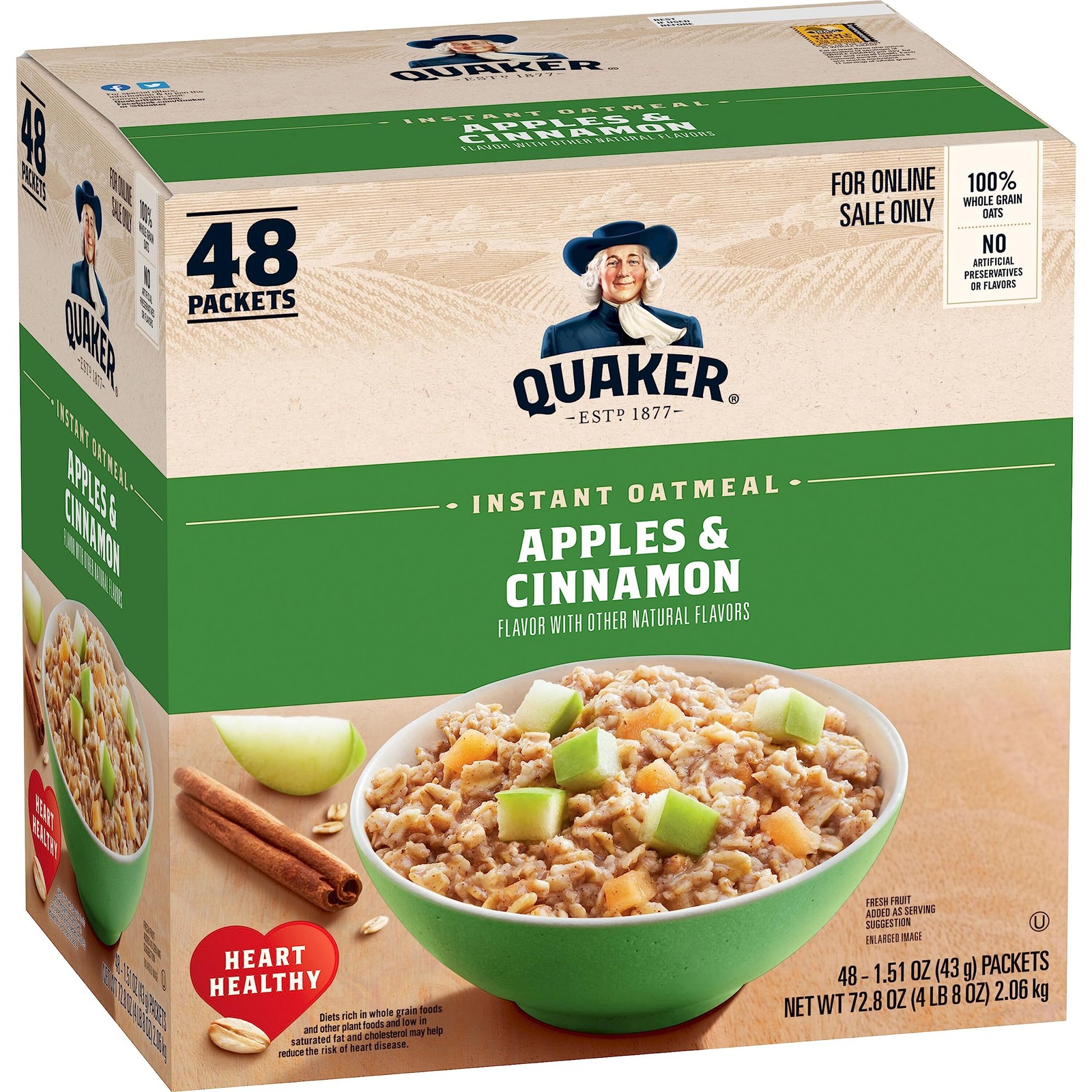 Quaker Instant Oatmeal, Apples and 1.51 Ounce (Pack of 48), & Cinnamon