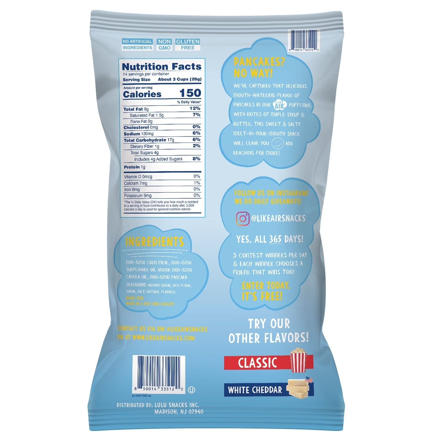 Like Air Puffcorn PANCAKE Flavor Baked Better Than Popcorn 14oz. 50 Cal DEC 2026
