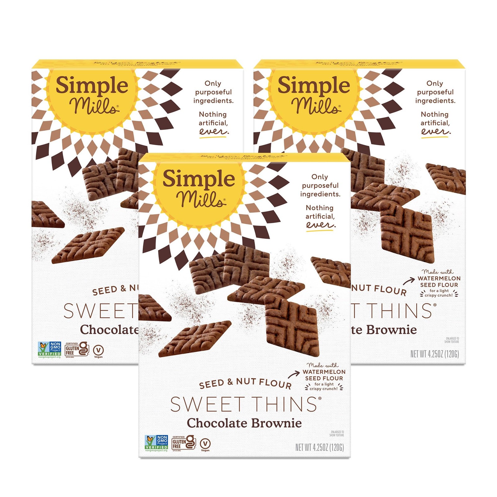 Simple Mills Chocolate Brownie Seed Nut Flour Sweet Thins, 4.25 oz Pack of 3
