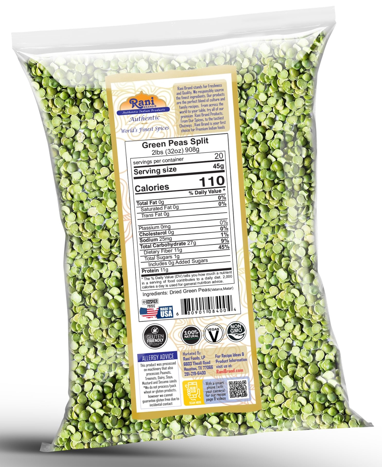 Rani Green Peas Split, Dried (Vatana, Matar) 32oz (2lbs) 907g