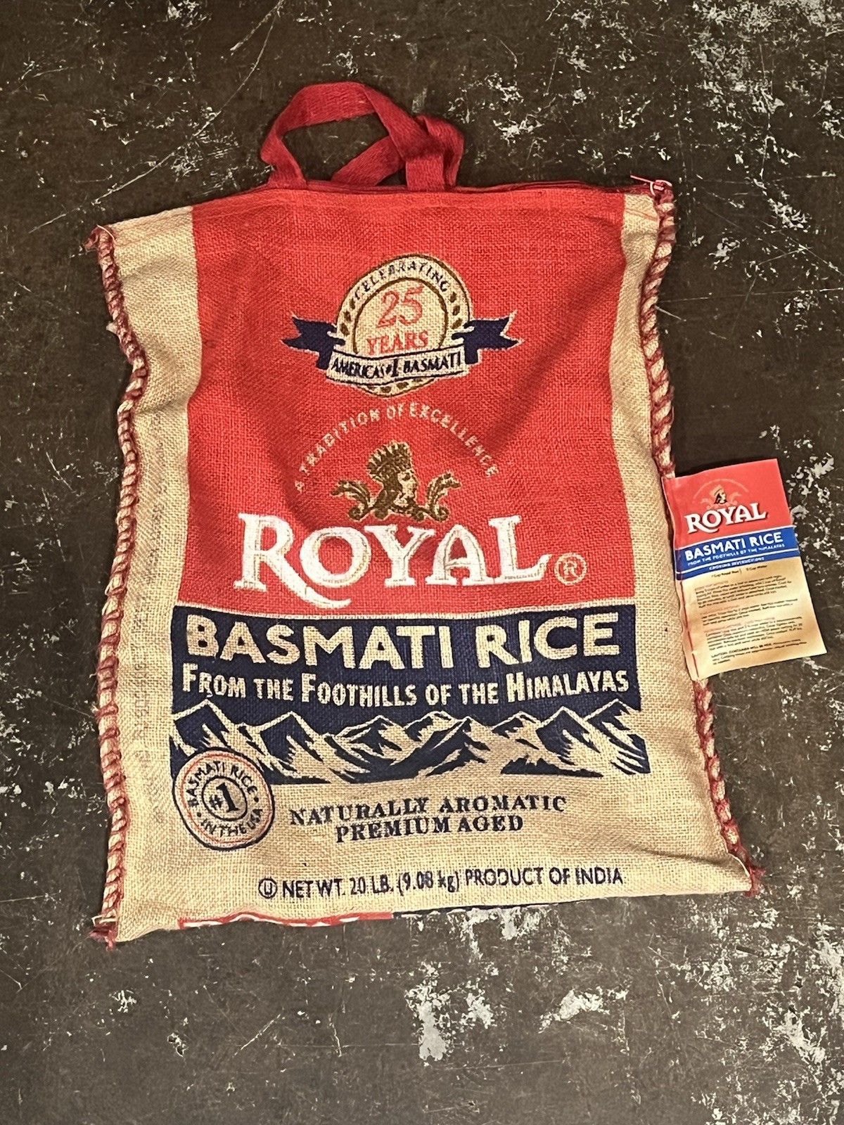 empty Royal Basmati 20lbs Burlap 25th Anniversary Rice Bag w Handles & Zipper.