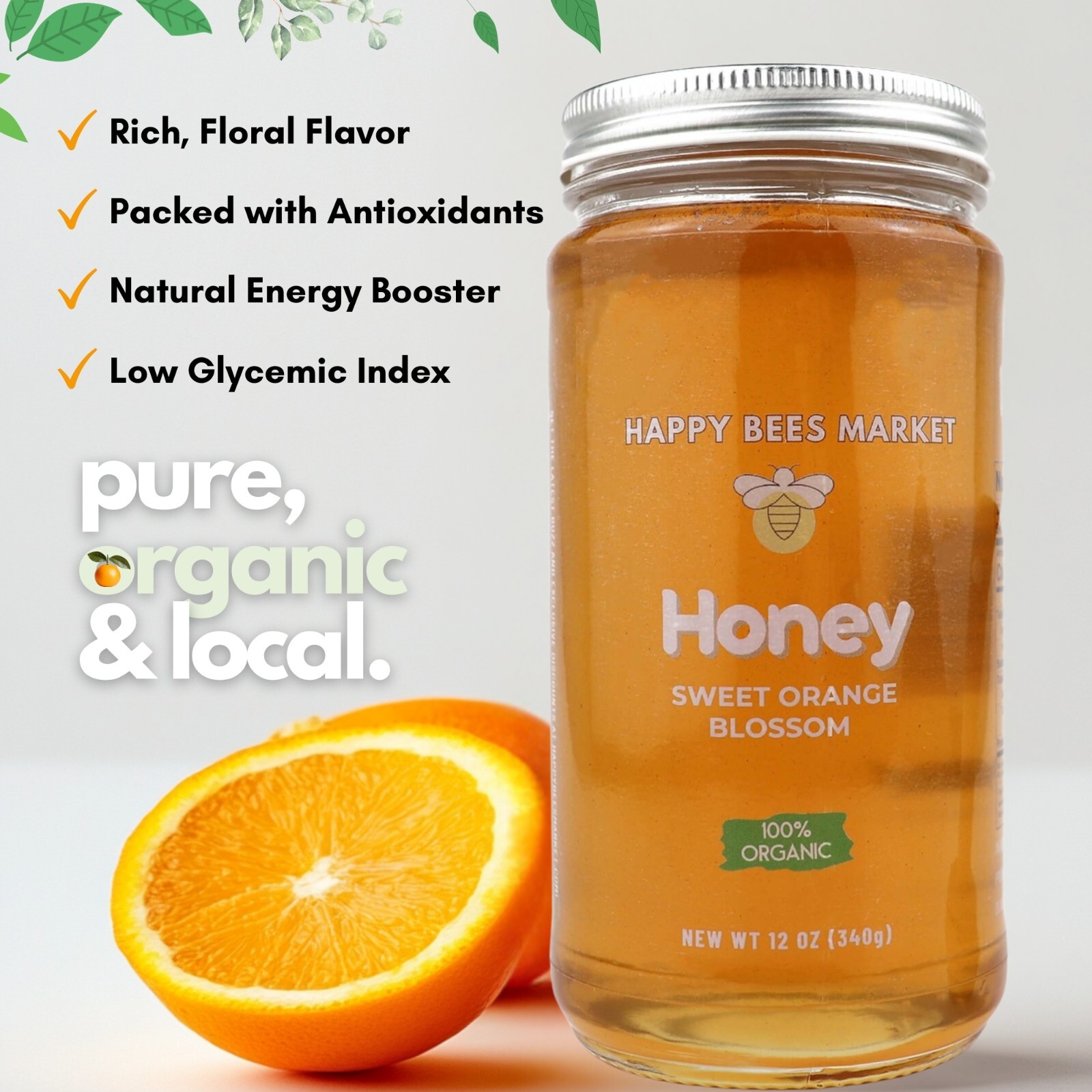 Happy Bees Market Orange Blossom Honey – Pure, Raw, and Unfiltered 100% Organic