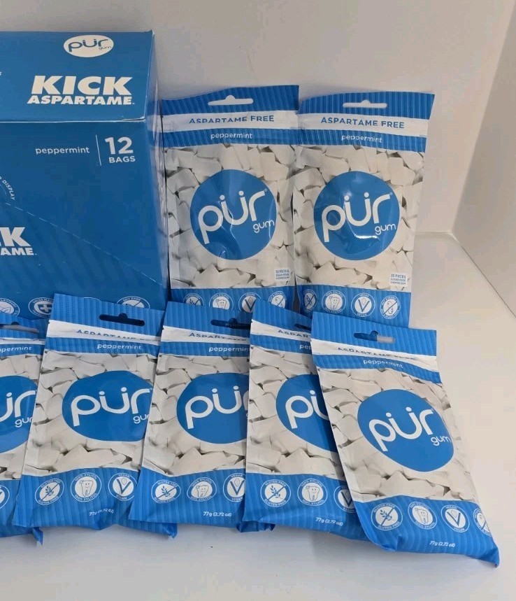 12 Bags In Retail Box PUR Peppermint Gum Aspartame-Free Chewing Gum 100% Xylitol