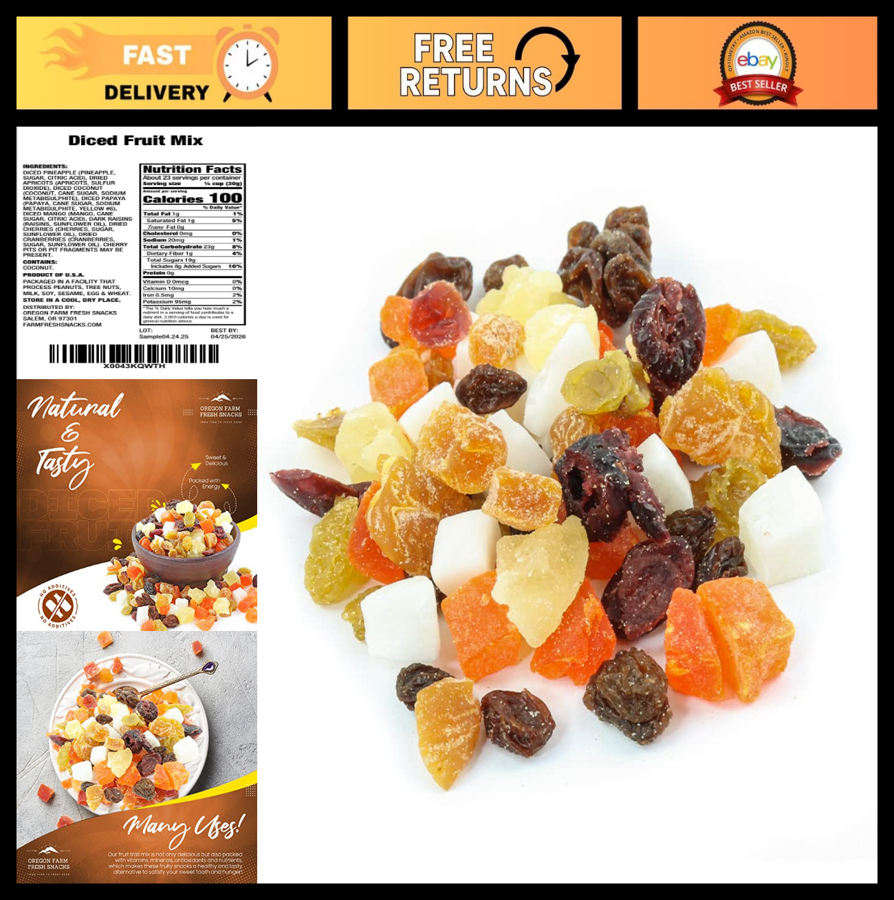 Farm Fresh Dried Fruit Snack Mix – Cranberries, Coconut, Mango & Raisins – 24oz