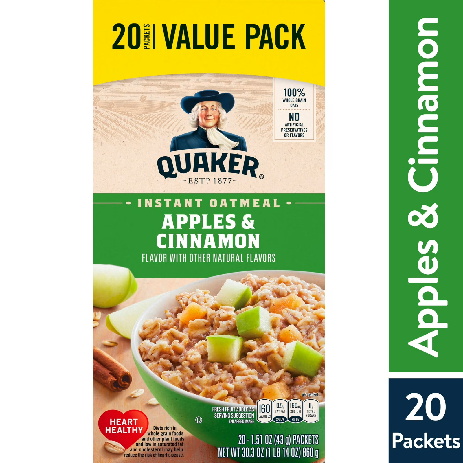 Quaker, Instant oatmeal, Apple & cinnamon, 1.51 oz, 20 Packets 2 Pack