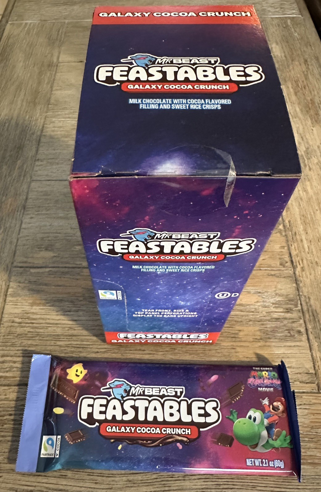 10 bars box of Feastables MrBeast Mario Galaxy Cocoa Chocolate Crunch Bar YOSHI
