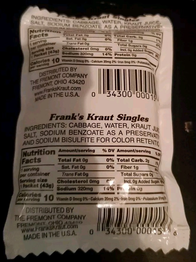 Frank’s Quality Kraut Singles 12 Packets – 1.5 oz Each – Single Serve Sauerkraut