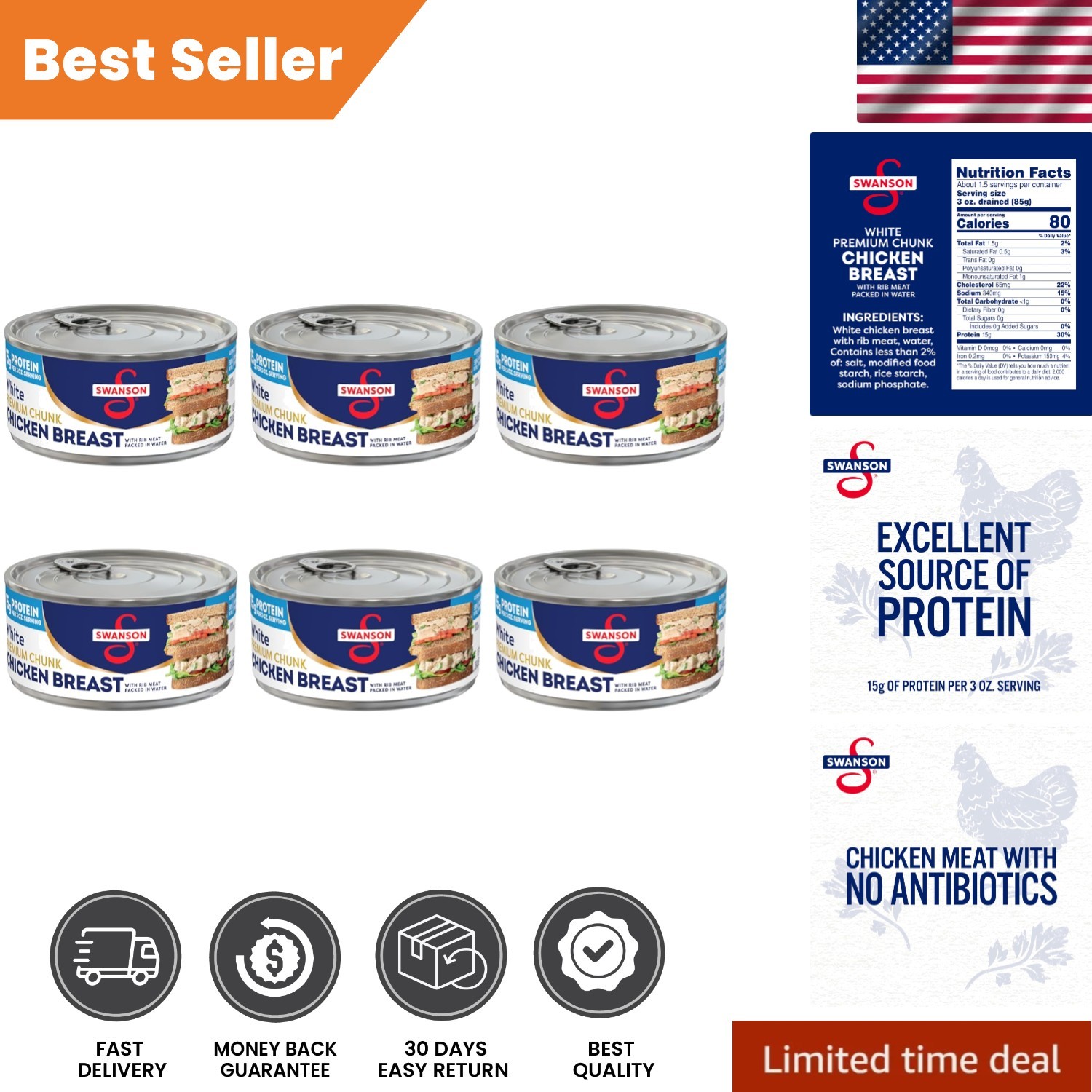 Swanson White Chunk Canned Chicken Breast – Gluten Free, Pack of 6