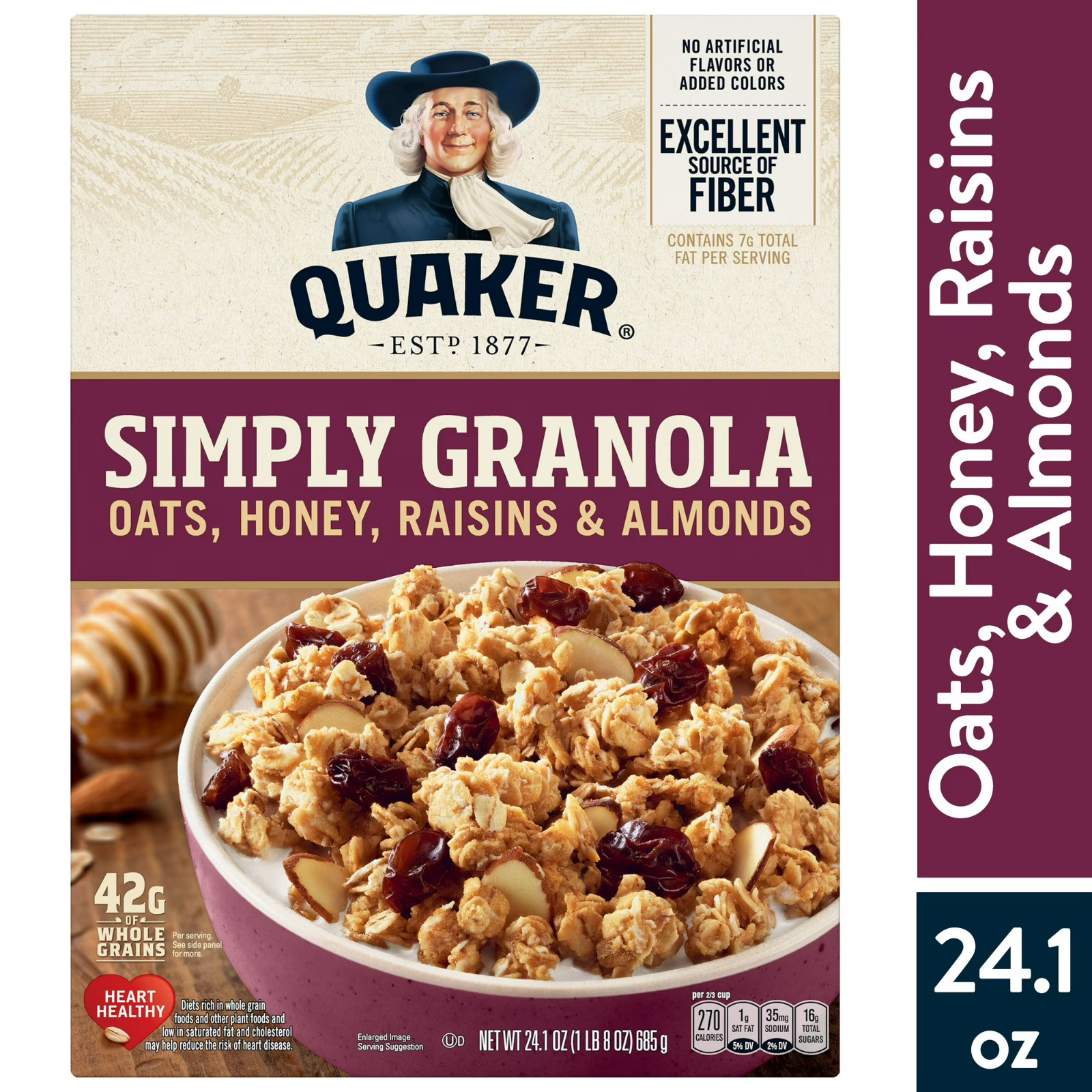 Quaker Simply Granola Breakfast Cereal, Oats Honey Raisins & Almonds, 24.1 oz Bo