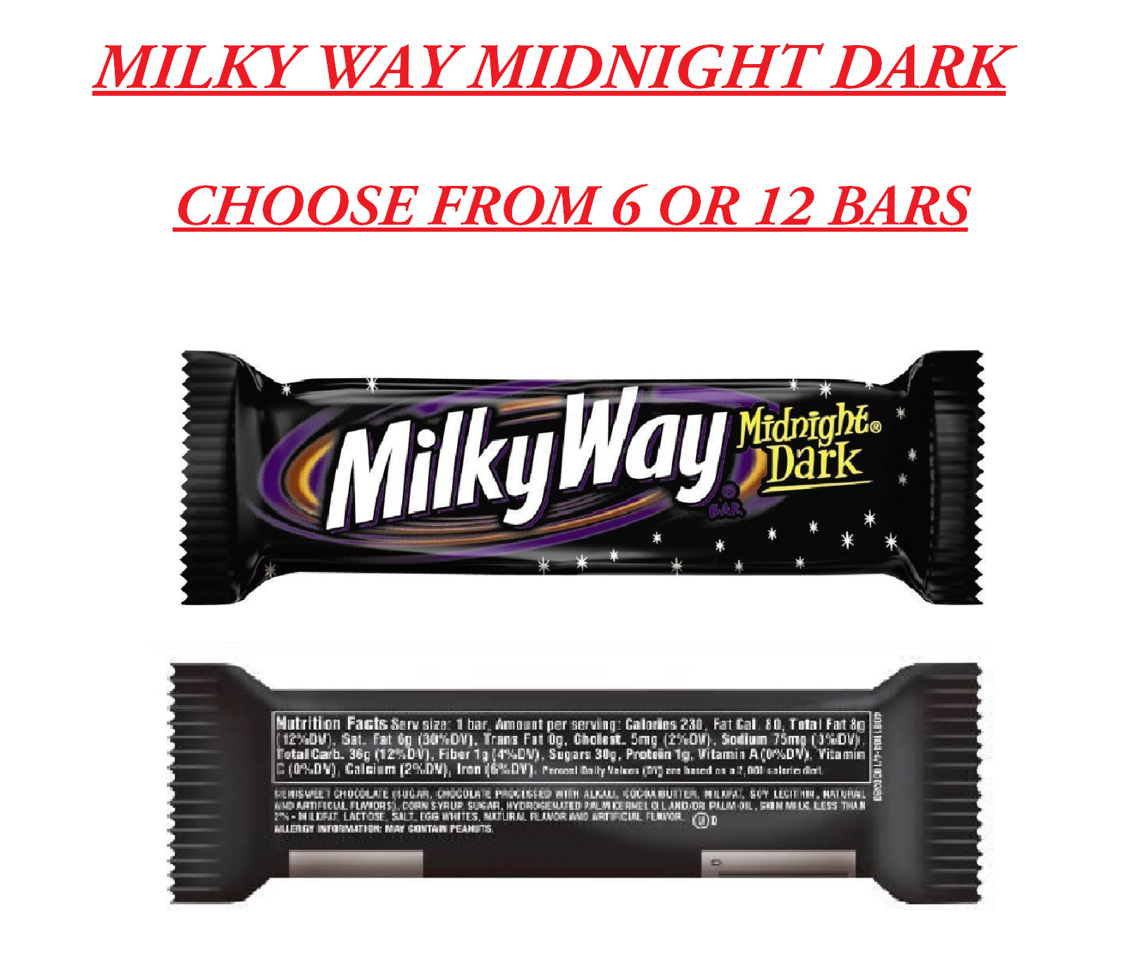 MILKY WAY Midnight Dark Chocolate Caramel Nougat, 1.76oz. (Choose 6 or 12 Bars)