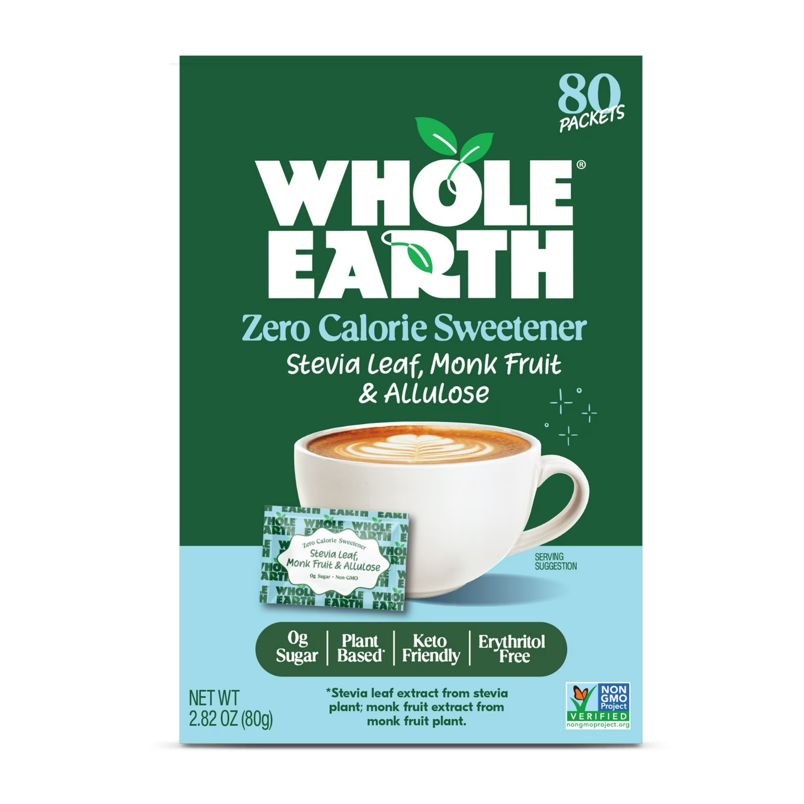 Whole Earth Zero Calorie Stevia,Monk Fruit & Allulose Sweetener Packets,80 Count