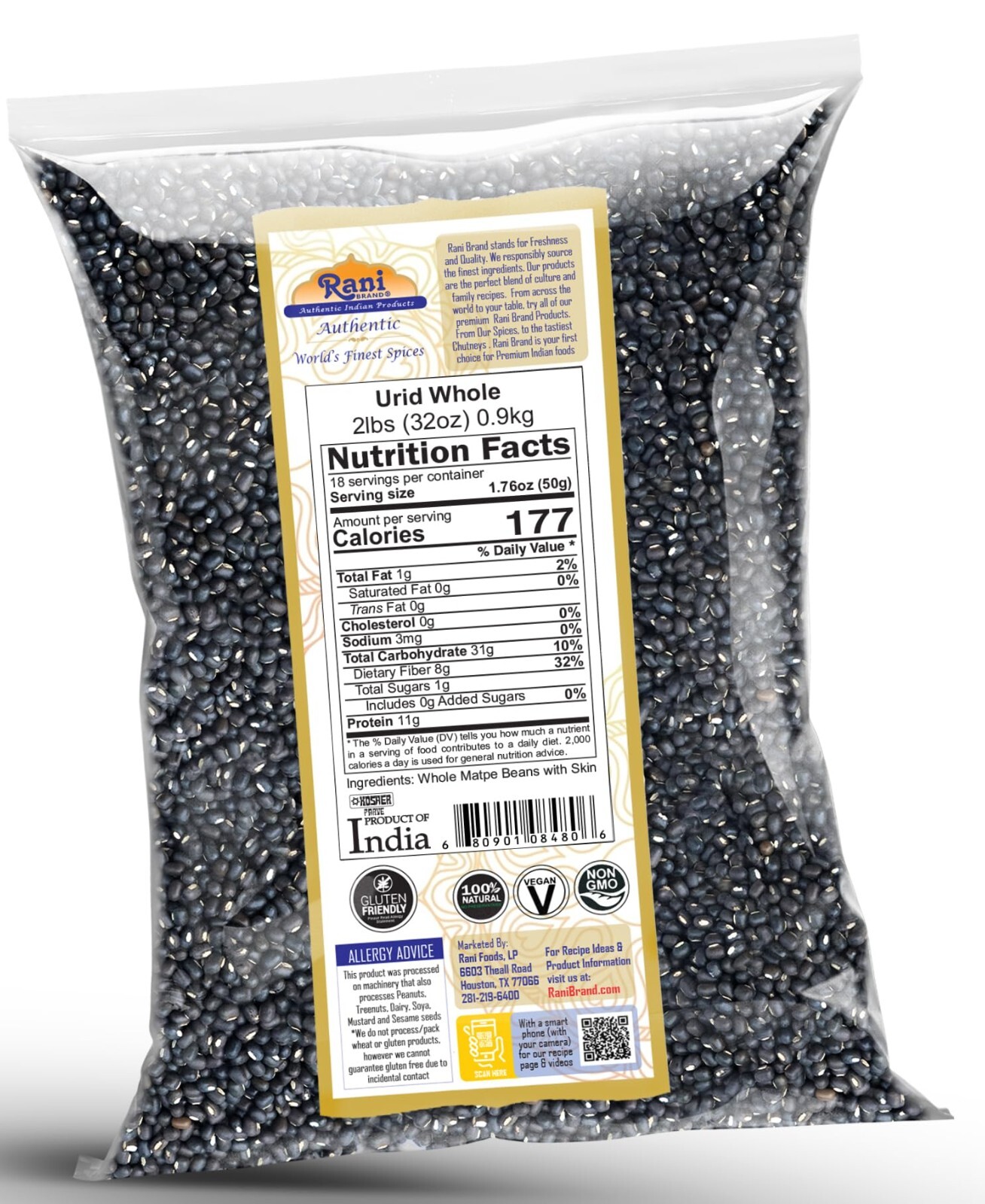 Rani Urid / Urad Whole Black (Matpe Beans with Skin) Lentils, 32oz (2lbs) 907g