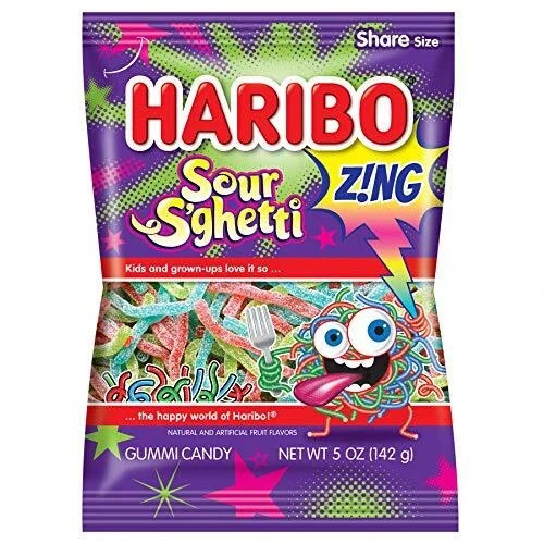Haribo Gummi Candy, Z!NG Sour S’ghetti, 5-Ounce Bags [1-Bag] Chewy Sweet
