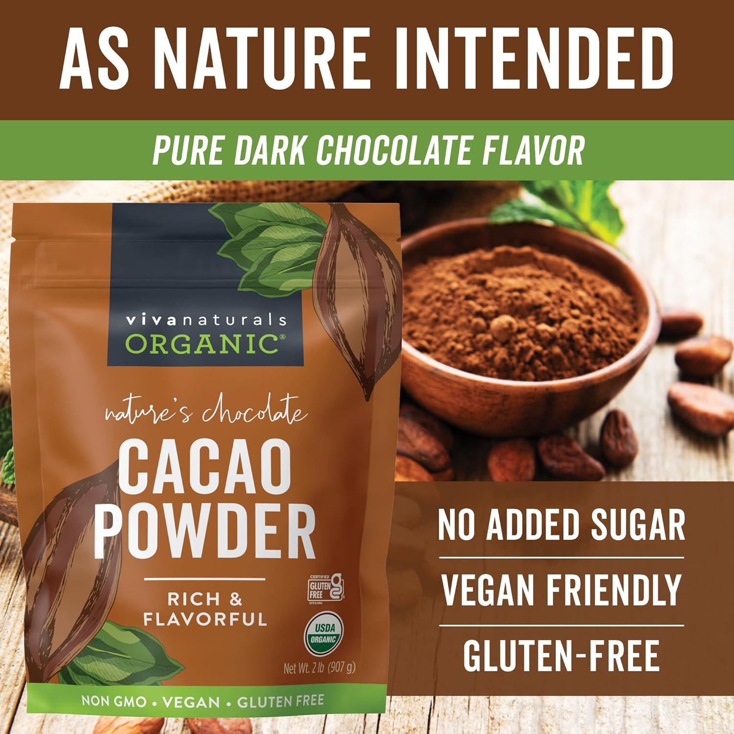 Organic Unsweetened Cacao Powder with Rich Dark Chocolate Flavor