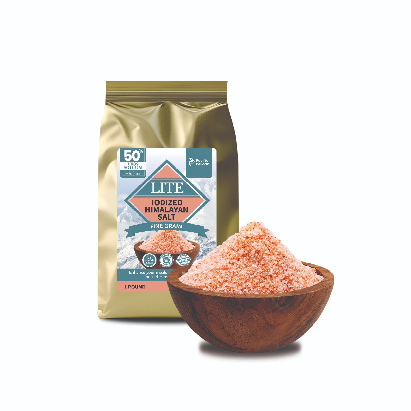 Pacific Pelican 50% Less Sodium Iodized Himalayan Pink Salt, Fine Grain, 1 LB