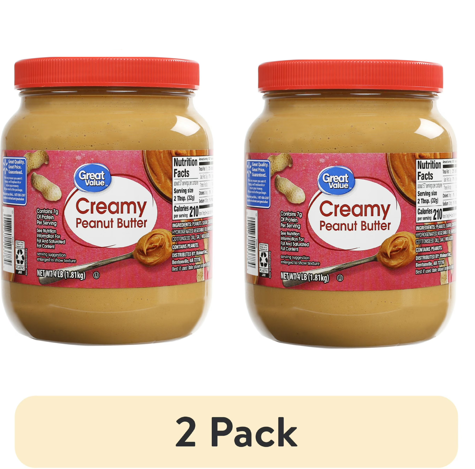 Great Value Creamy Peanut Butter, Spread, 64 oz -2 Pk