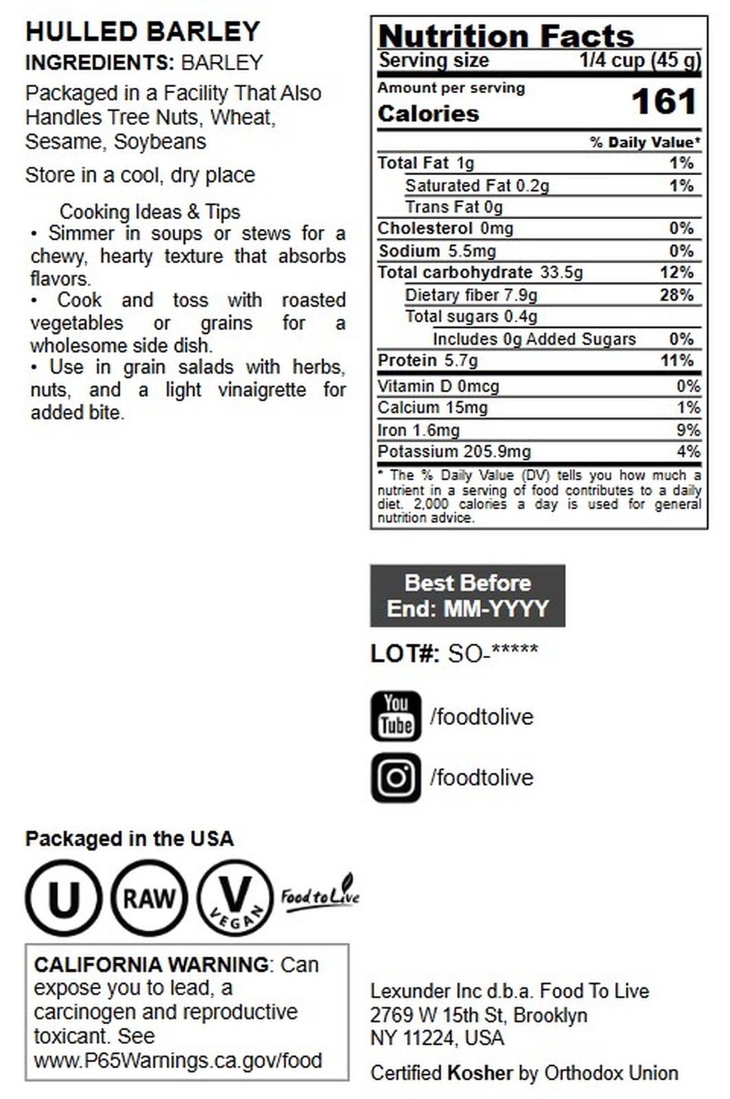 Hulled Barley Grain – 100% Whole Grain, Vegan, Great for Home Baking, Brewing