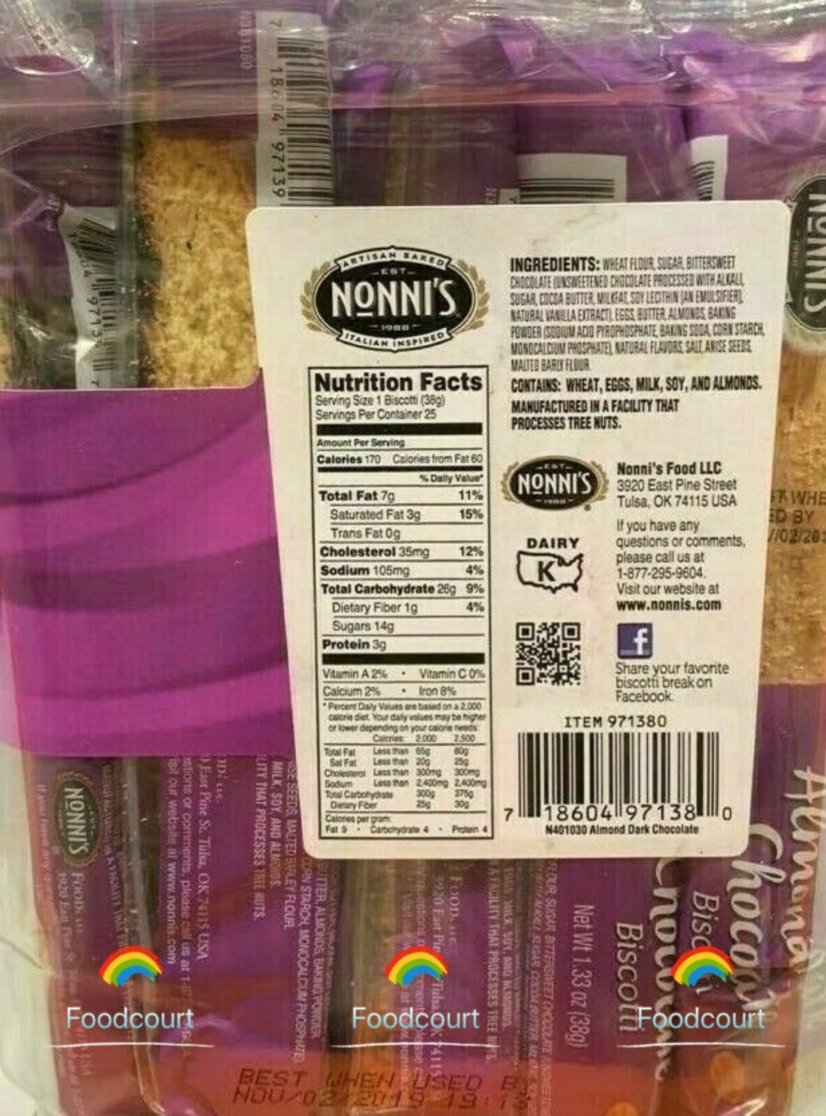 2 Packs Nonni’s Almond Dark Chocolate Biscotti 25 ct 2 LB 1.25 oz Each Pack